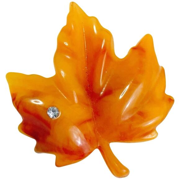 VTG Signed Avon Lucite Maple Leaf Brooch Amber Rhinestone Fall Autumn Jewelry - Picture 1 of 8